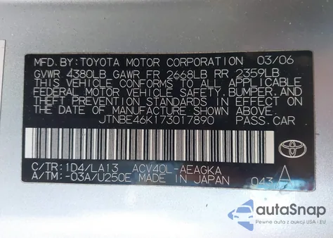 2007 Toyota Camry Xle from USA, damaged, VIN JTNBE46K173017890
